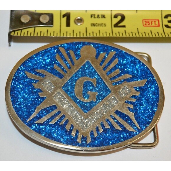 NICE Vintage Beautiful Inlaid Freemasons Compass Blue Solid Belt Buckle Rare - Picture 7 of 7